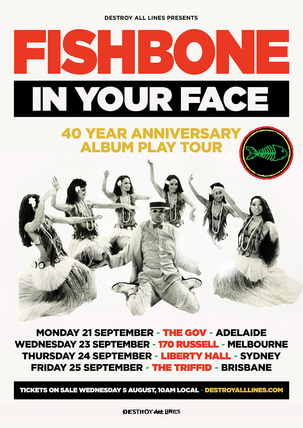 Tour poster for Fishbone's In Your Face 40 Year Anniversary Tour in Australia, featuring a man crouching surrounded by hula dancers.